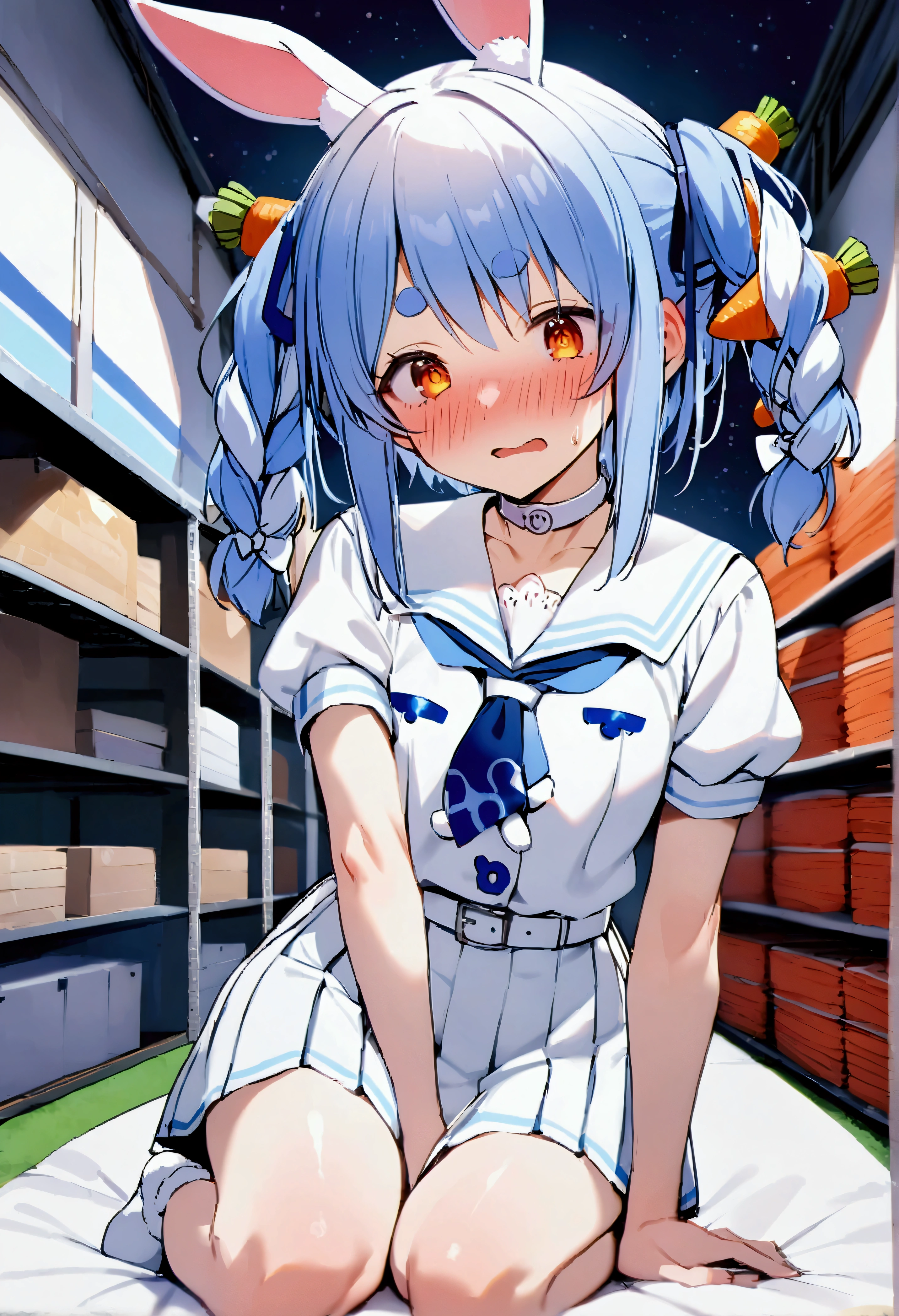 NSFW,masterpiece,Best Quality,High resolution,Very detailed,One girl,Usada Pekora\(Ho****ve\),Orange Eyes、Thick eyebrows、Bunny ears、Blue Hair、Short Hair、Two Side Up、Hair Clip、White choker、Sailor suit、Short dress、Short sleeve、Blue neckerchief、White belt,School,sports warehouse,mat,Small space,I&#39;m nervous,Embarrassed,blush,Lustful face