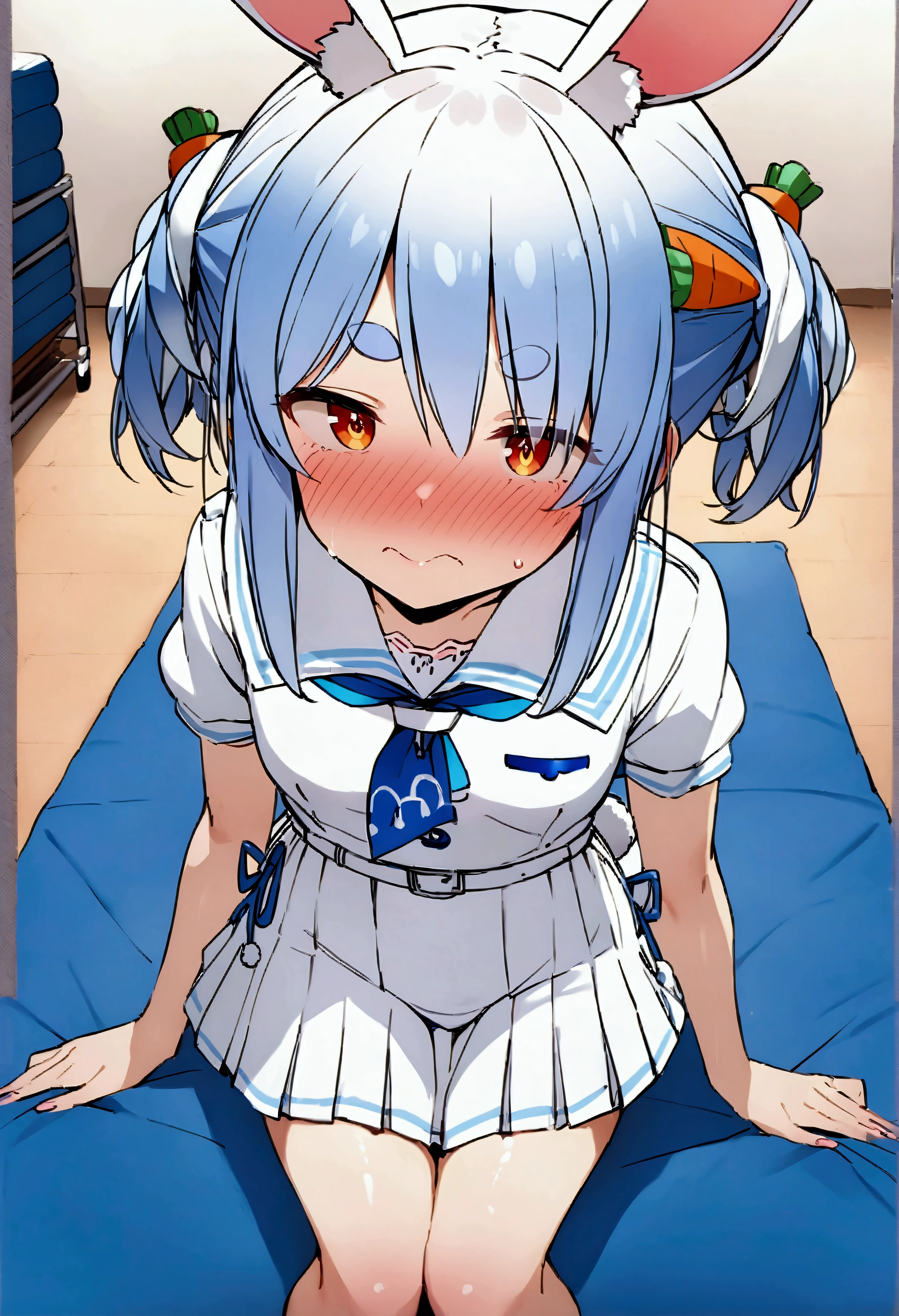 NSFW,masterpiece,Best Quality,High resolution,Very detailed,One girl,Usada Pekora\(Hololive\),Orange Eyes、Thick eyebrows、Bunny ears、Blue Hair、Short Hair、Two Side Up、Hair Clip、White choker、Sailor suit、Short dress、Short sleeve、Blue neckerchief、White belt,School,sports warehouse,mat,Small space