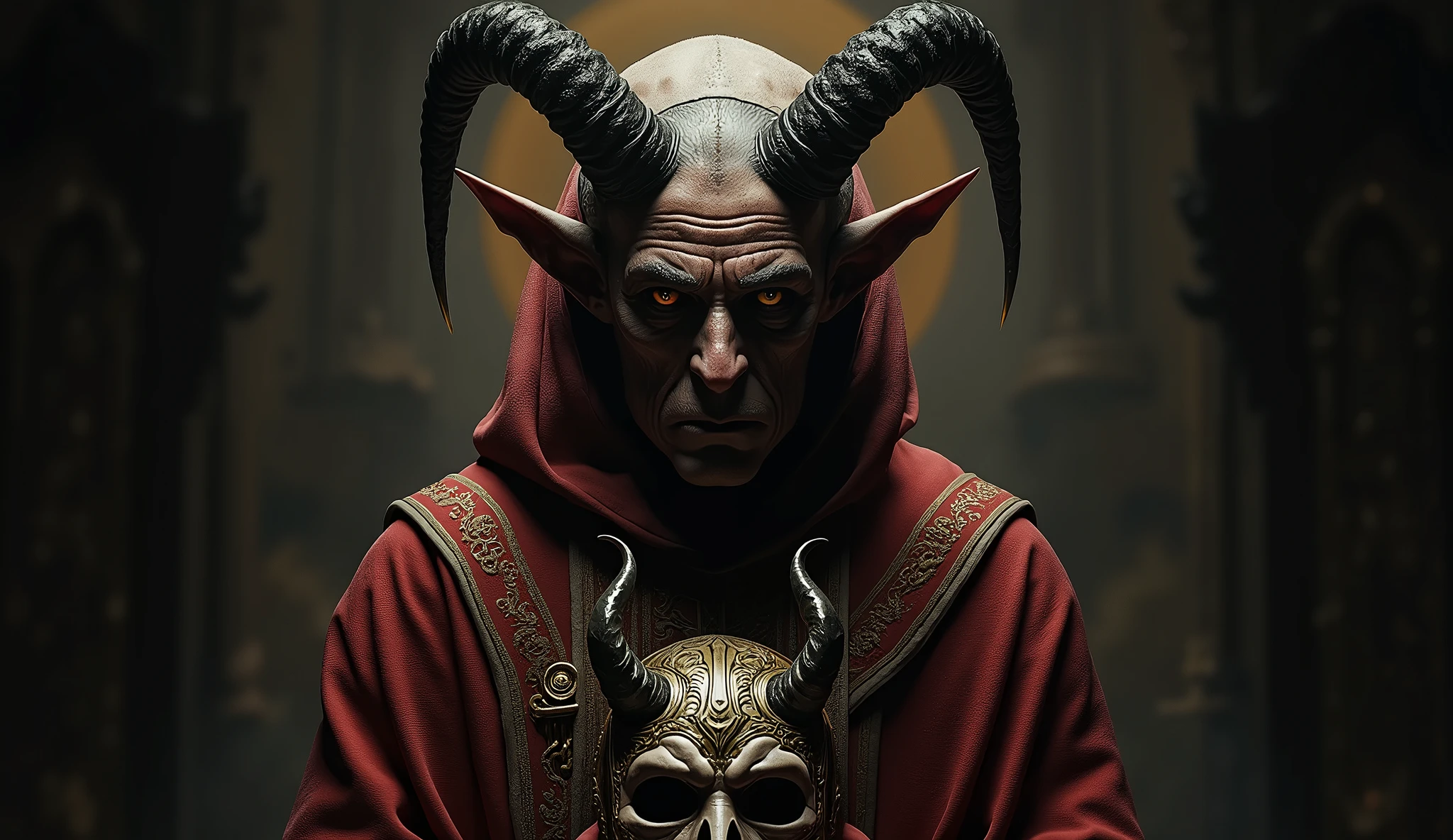 Baphomet skull on top of pentagram alter, blood from mouth, candles in background, gothic, dark fantasy, occult, dramatic lighting, cinematic, chiaroscuro, moody atmosphere, high contrast, intricate details, masterpiece, photorealistic, 8k, best quality