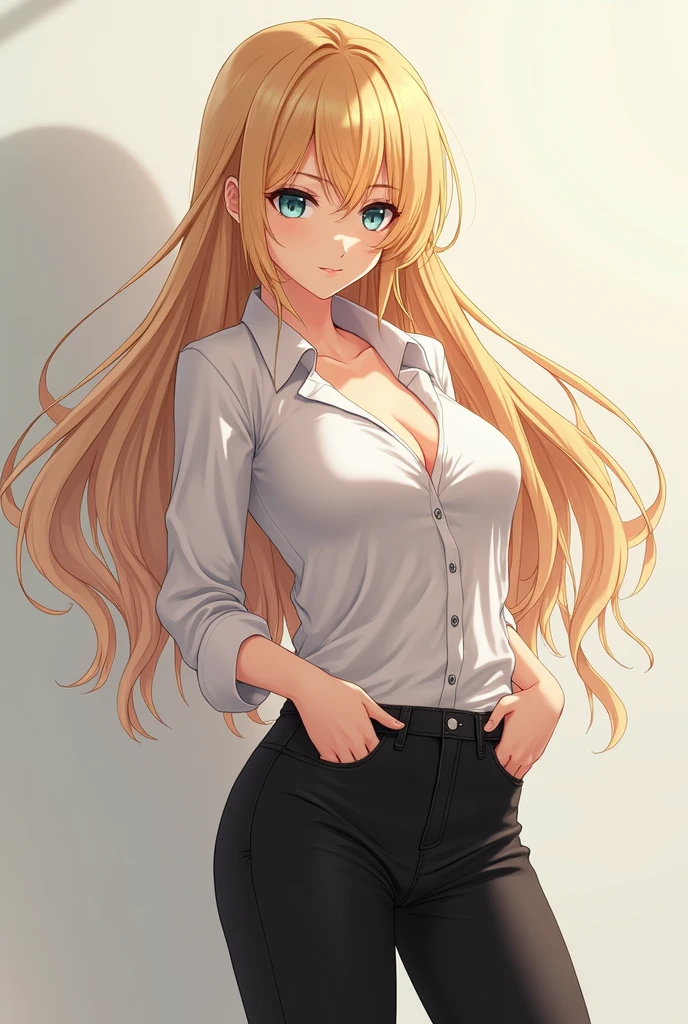 works, best quality, girl, long hair alternative, absurdly long hair, blonde hair, bow hair, aqua eyes, seductive smile, tongue, black eyes, longeyelashes, big breasts, mole on the chest, white shirt, short black skirt, shoes, pendant, hair ribbon, flower ribbon, hair_ribbon, hair_ribbon, hair_flower