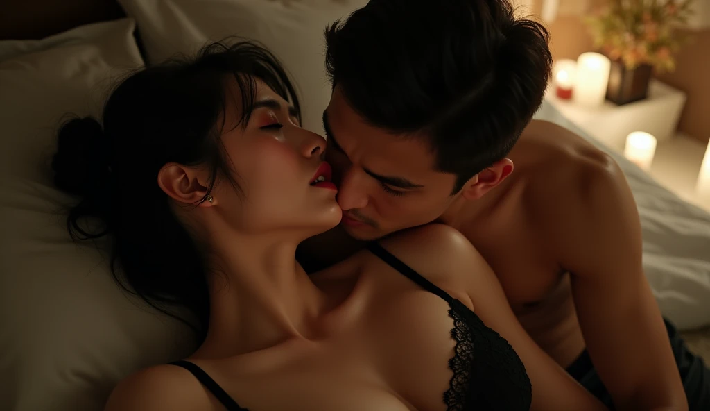 A korean couple having rough sex on bed till crying
