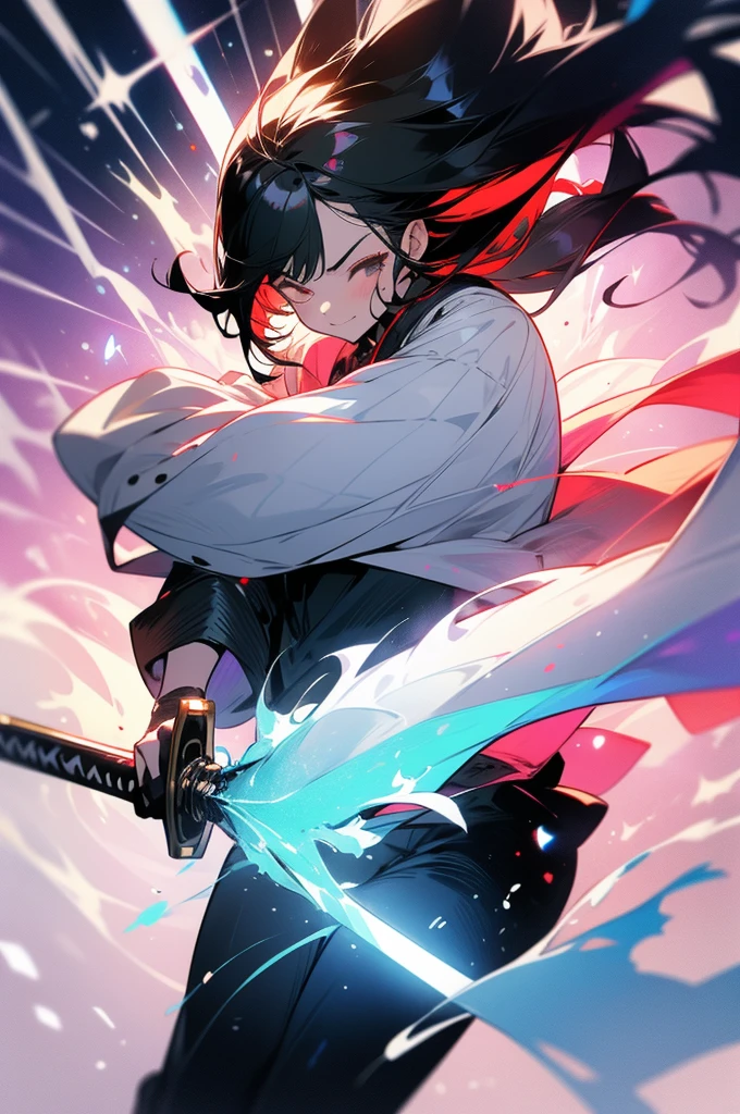 Hair color is black, Straight hair, hair bundle, One eye closed, He holds a white sword in one hand., It feels like something is walking towards me from a mysterious space.