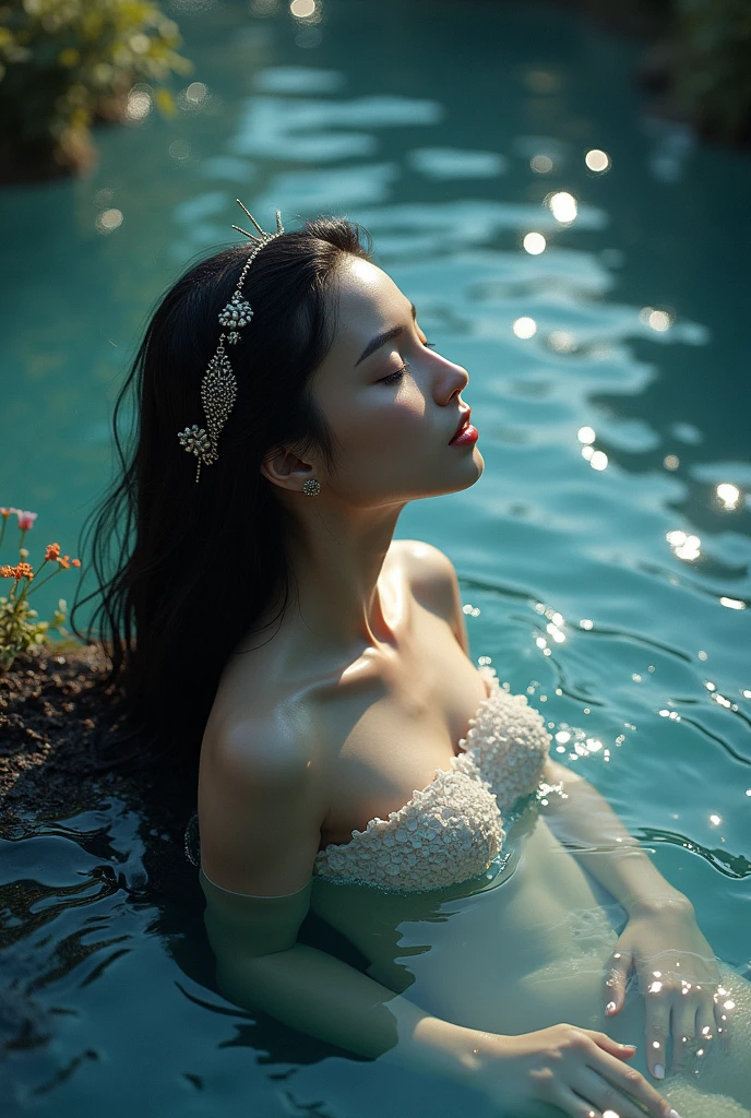 a woman in the water with her eyes closed, by irakli nadar, watermark:-1, cinematic. by leng jun, ultra realistic 8k octan photo, trapped in my conscious, artistic. alena aenami, dramatic portraiture of uuen
