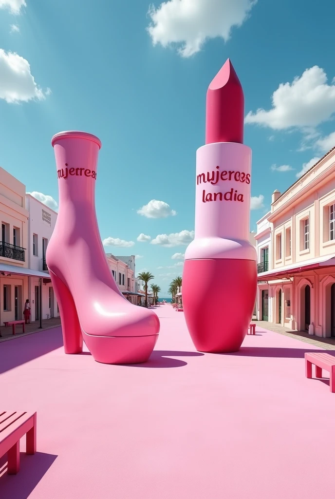 One pink bus with some beautiful blonde and redhead girls wearing sexy lingerie inside, is parked in front of a pink public bus in a pink spanish small town with pink buildings, there's a sign in the wall of the bus with the word "Mujereslandia" and signs of a 💋 on very wall.