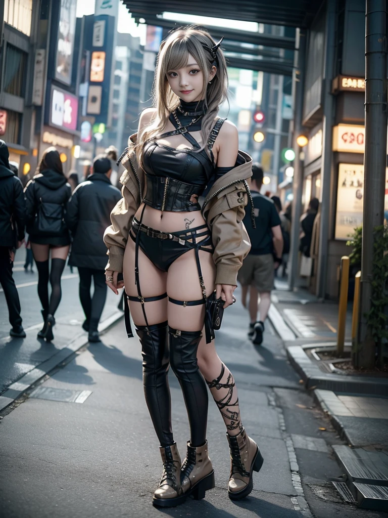 (Full Body View:1.3)、(Smiling with teeth showing:1.3),(Shibuya Gal:1.5)、(Beautiful:1.5)、(Neo-goth fashion:1.5)、(Punk RockVisual Kei:1.5)、(An off-the-shoulder hoodie in khaki and brown with delicate silver accessories.:1.5)、(A corset with a delicate beige and brown design:1.4)、(Dark grey, khaki and brown snakeskin bodysuit:1.5)、(Snake print headband:1.3)、(Beige and charcoal knee socks:1.4)、Embellished collar and long boots、(I&#39;m selling snake print underwear.:1.4)、(Long eyelashes:1.3)、(20-year-old)、((Highest quality、8k、masterpiece:1.3))、1 Female、Slim and beautiful abs:1.3、(hairstyle casual、Beautiful boobs:1.1)、(Doing an aerobics pose:1.3)、dress:1.1、Super small face、Narrow eyes、double eyelid、A sloppy smile、Esbian all over、Dynamic Angle、Close-up、CPL Filter、Blurred Background、Bokeh、Blue Hour、Detailed face and skin texture、Detailed eyes、,(Twin tails:1.3)、(Brown-golden hair:1.3)、Gravure idol、(The background is a glamorous dance hall:1.3)、(Make your legs thinner:1.4)、(Slim body:1.3)、(clavicle:1.1)