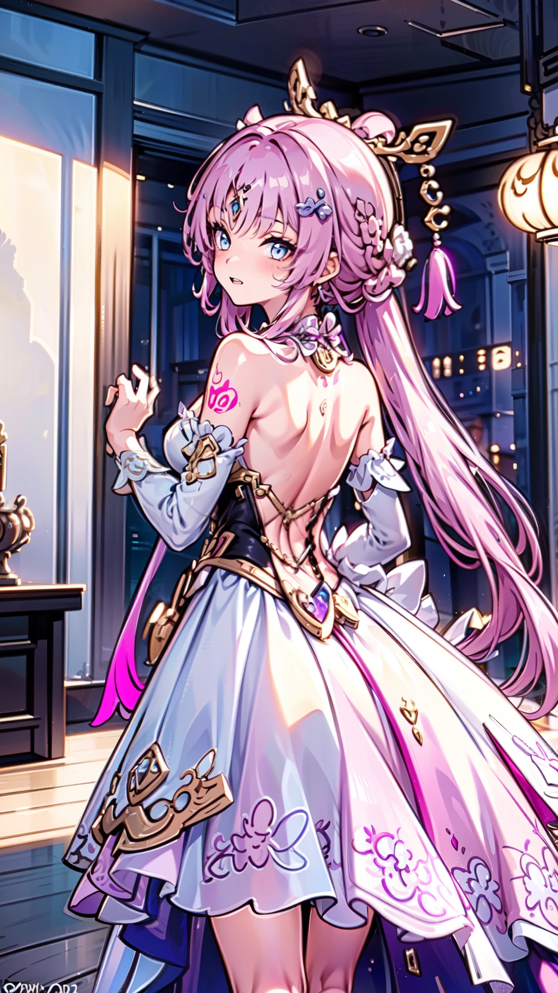 Wear a modern transparent dress that is elegant and noble，Intricately Designed Outfit，Beautifully dressed，Pink Long Wavy Hair，Modern Goddess，Light blue eyes，Sophisticated Modern Clothing，Looking back，tattoo back，night，She appeared in a bedroom of a luxury hotel，Seductive pose，8K，high resolution，fuxuan