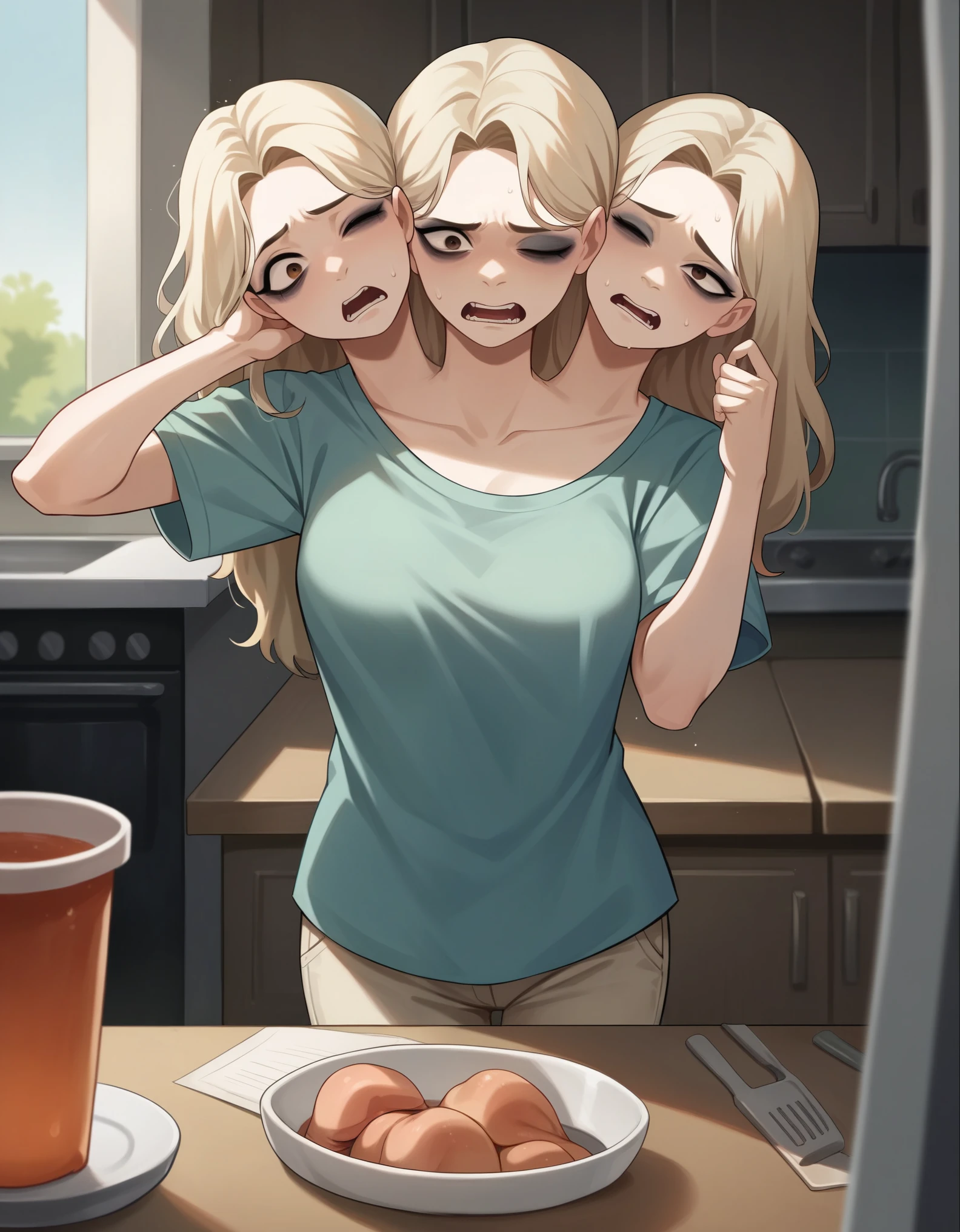 (masterpiece, best quality), best resolution, three heads, conjoined, 1girl, weary, headache, hangover, in pain, dizzy, blond hair, brown eyes, one eye closed, open mouth, light blue t-shirt, tan pants, hand on forehead, apartment kitchen