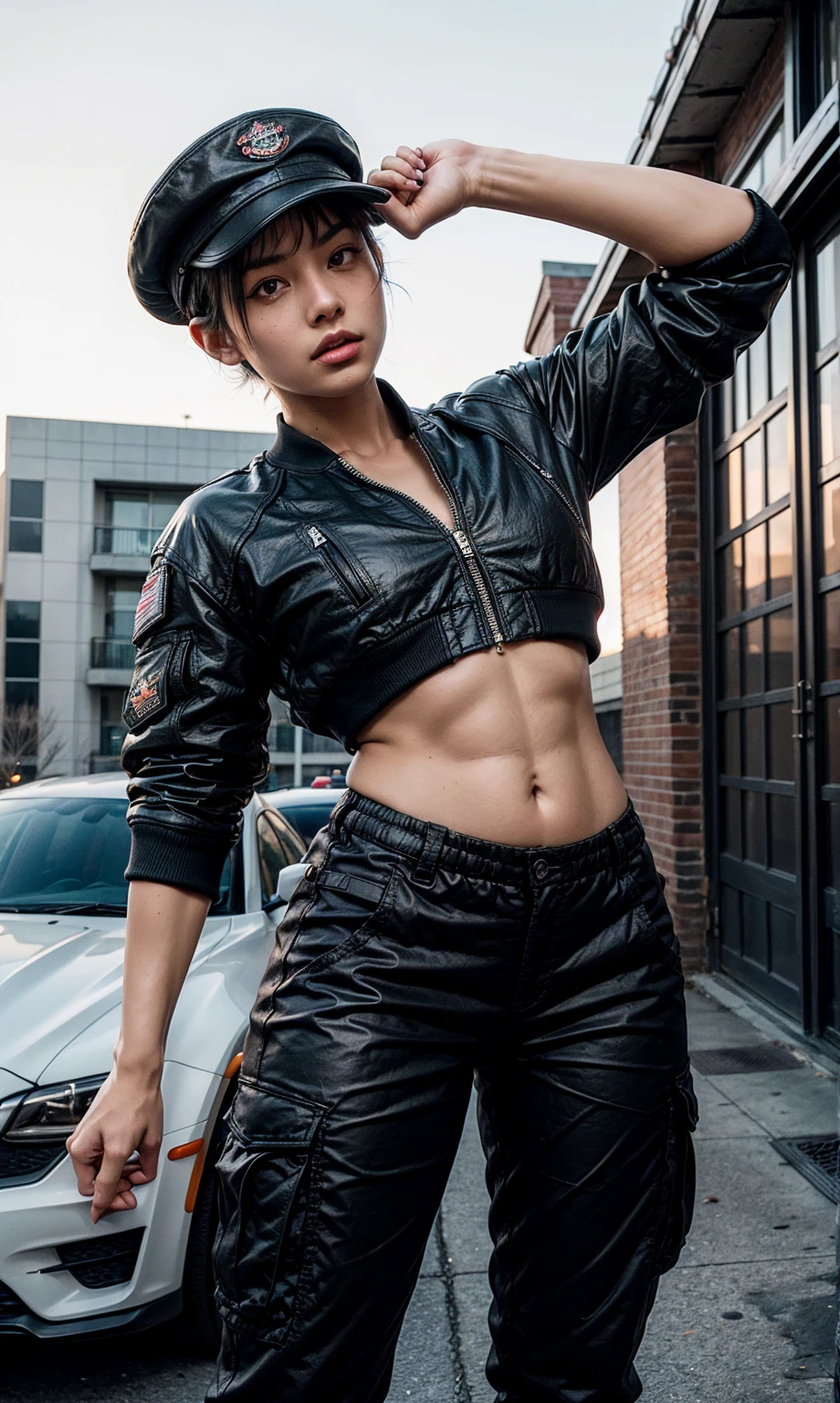 Best Quality, high resolution, shoot from below, delinquent girl tomboy, huge giantess girl stepping on a car roof, muscular, tough girl, biceps, fierce looks, red eyes, her hair is black pixie short hair wearing a white pilot captain hat, upper body(wearing a long black bomber jacket with white shirt covering her belly), lower body (wearing cargo pants and army boots), fair light skin, full body pictures, perspective from below,