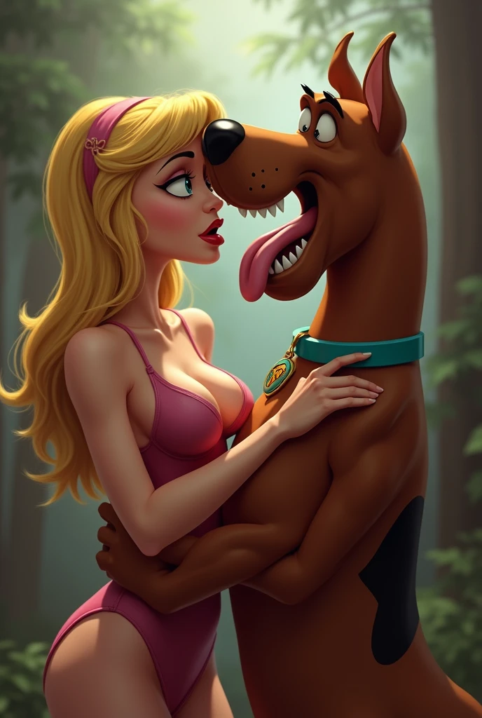 NSFW (nude) (Daphne Blake (human) sparse pubic hair) full body, kissing (Scooby Doo, four footed Great Dane dog with dog penis) on a deserted beach