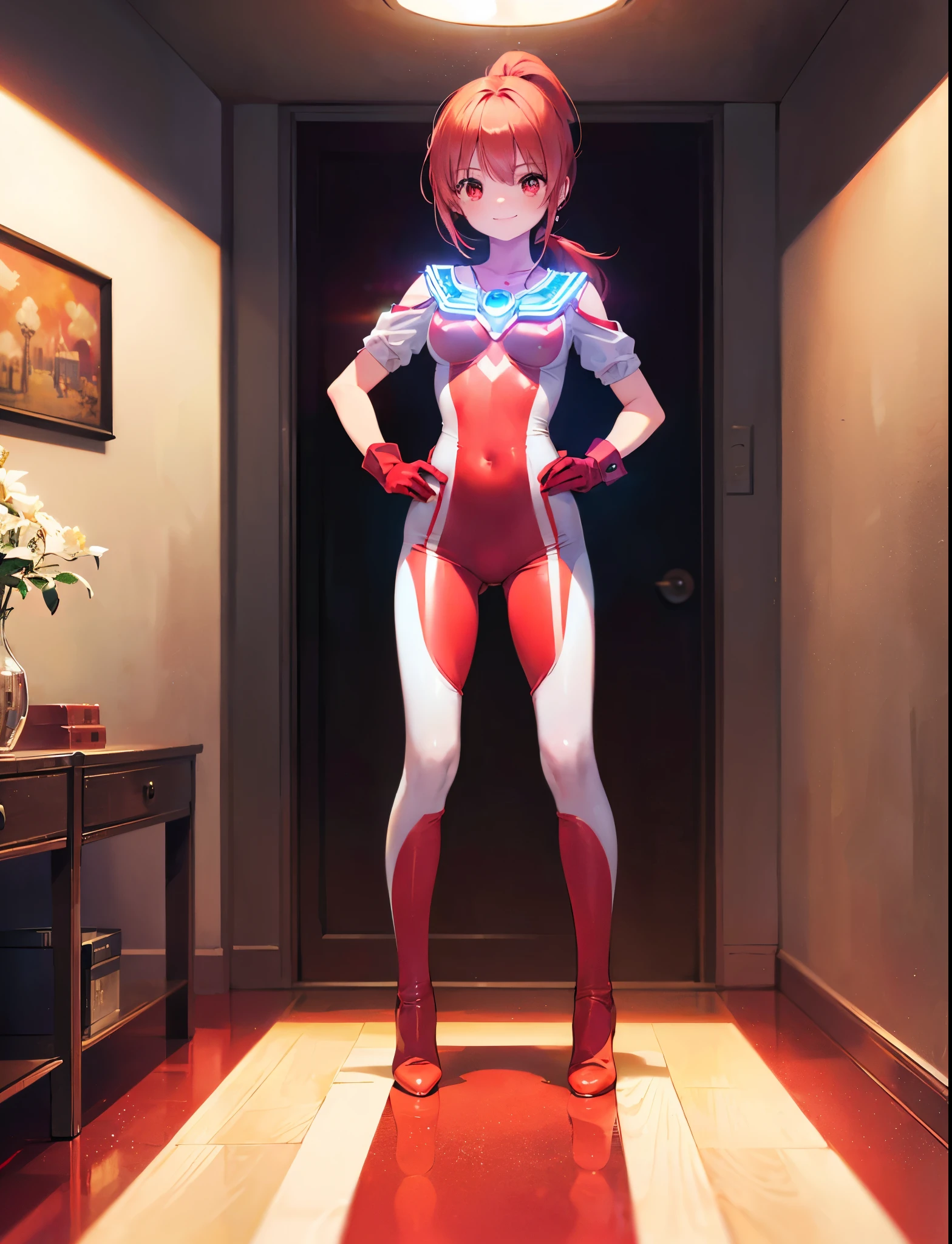 (Close-up:1.3),Realistic,Highest quality, Ultra Detail, High-quality CG rendering, The most delicate and beautiful, Floating softly, High resolution, (1 female), (Highest quality,4K,8k,masterpiece:1.2),(All red hair:1.5), (Medium Long Hair:1.5),(Red eyes:1.5), (Ultra Girl:1.0), (All red Ultraman bodysuit:1.5),(Do not expose your skin:1.5),(Slightly larger breasts:1.5),(Red gloves:1.4),(Red Shoes:1.4),(whole body:1.3),(smile:1.3),In a small room,(Are standing:1.4),(Put one hand on your chest:1.3),(front:1.3)