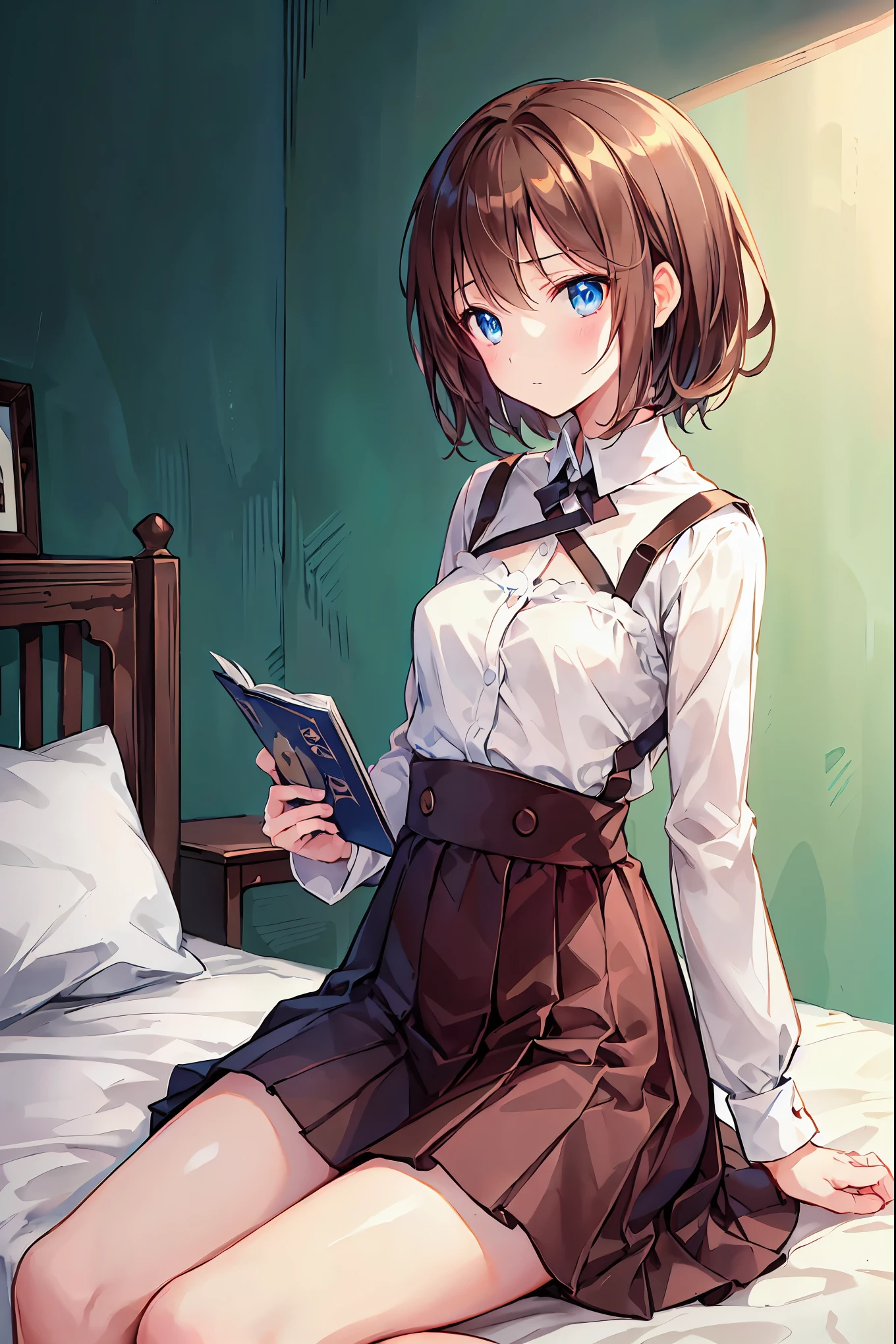 Anime girl sitting on bed reading a book in a room - SeaArt AI
