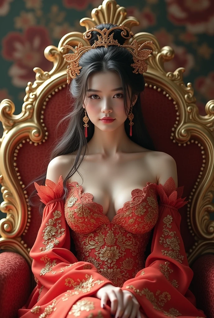 a close up of a woman in a red and gold dress sitting on a gold throne, a beautiful fantasy empress, ((a beautiful fantasy empreseautiful elegant demon queen, chinese empress, beautiful oriental woman, ornate , chinese princess, anime thai girl, lovely queen, royal elegant pose, beautiful and elegant elf queen, 8k high quality detailed art, 8k)), masterpiece, best quality:1.2),,(8k,highres,RAW photo,realistic,photo-realistic:1.3),(detailed skin texture,detailed cloth texture,beautiful detailed face:1.25),professional lighting,photon mapping,beautiful soft light,radiosity,physically-based rendering,raytracing, model shoot style, model shoot style, (extremely detailed CG unity 8k wallpaper), full shot body photo of the most beautiful artwork in the world,