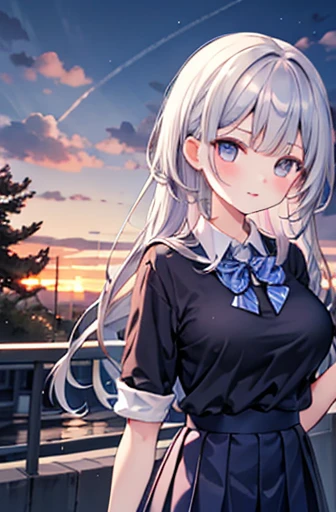 {masterpiece}, {Best Quality},1 girl,School_Uniform,sunset,Large Breasts