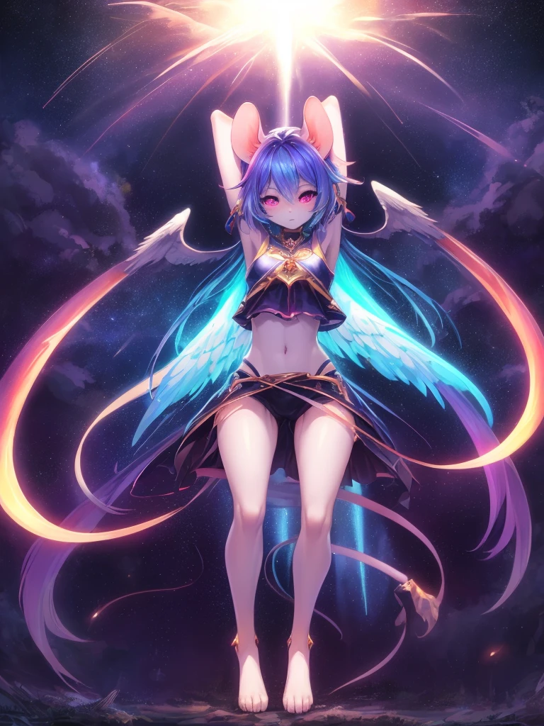 tall slim very toned mouse woman, (((angel))) ,digitigrade, arms over head,  midriff,blessedtech, blessed, aura,Hiori Light Art, Backlight,Colorful Light, Very Shiny, Very Luminous, Very Colorful, Very Glowing, Darkness, Starry Stars Cloud Colorful, Colorful Glowing Body, Colorful Glowing Skin, Colorful Glowing Clothes, 