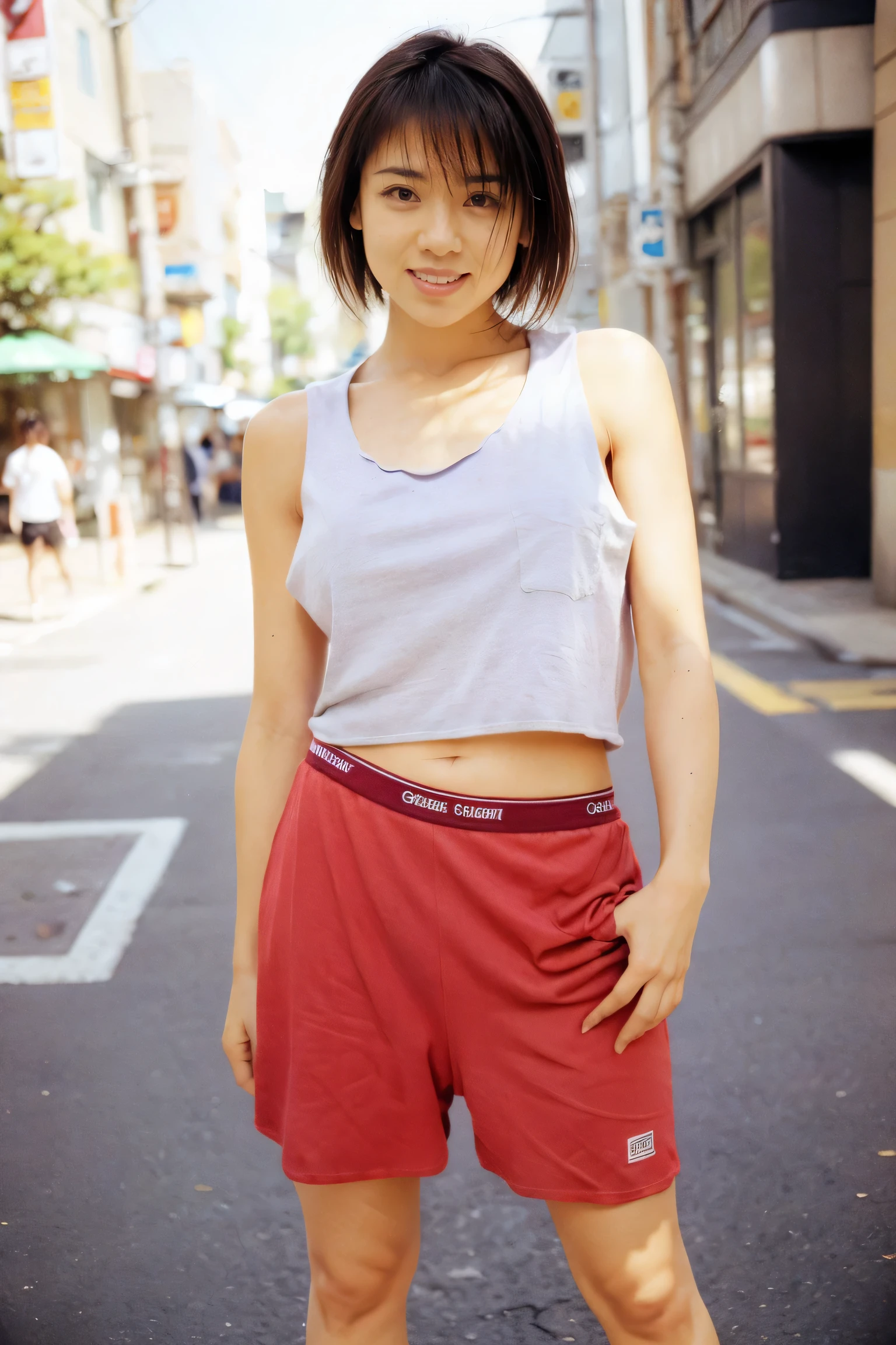 Very detailed CG Unity 8k wallpaper, Best Quality, Very detailed, masterpiece, Realistic, photo Realistic, Very detailedかわいい女の子,short hair,(Tank top_boxer shorts :1.2), Red cheeks, View your audience , whole body ,smile, (On a street corner in Tokyo) ,Standing in honor