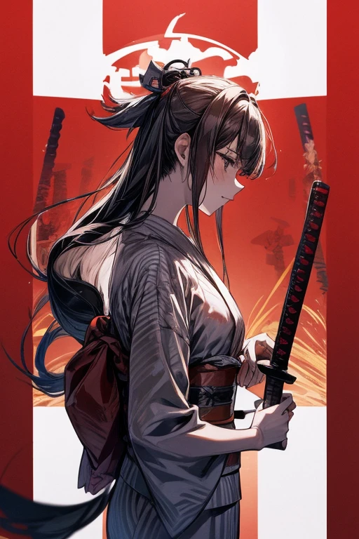 1 person, female, long hair, bloody background, red background , wearing haori over yukata, wearing yukata, haori, holding a katana, katana, side view ,
