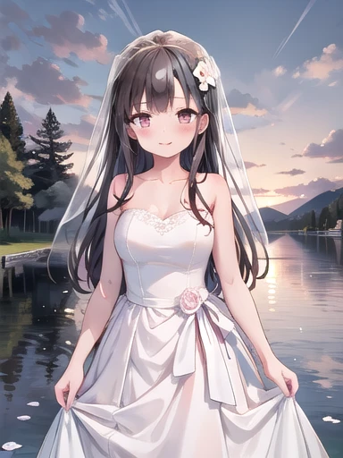 Yukarihan, One girl, Wedding Dresses, Elbow hand pockets, Strapless, Bare Shoulder, Bridal Veil, Long Hair, hair flower, Alone, flower, holding, flower束を持って, lake, Watching the audience, nature, Outdoor, white flower, Pink Roses, Alone, Standing, tree, water, water drop, null, cloudy null, building, sunset, evening, Wedding Rings,,Large Breasts