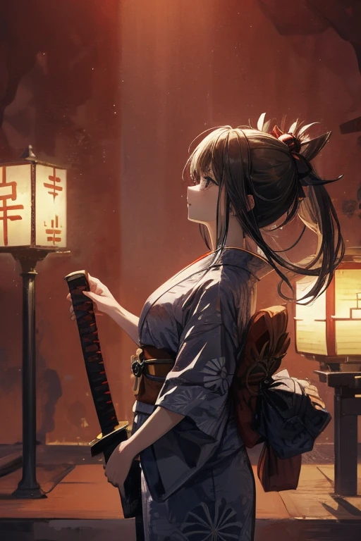 1 person, female, long hair, bloody background, red background , wearing haori over yukata, wearing yukata, haori, holding a katana, katana, side view ,
