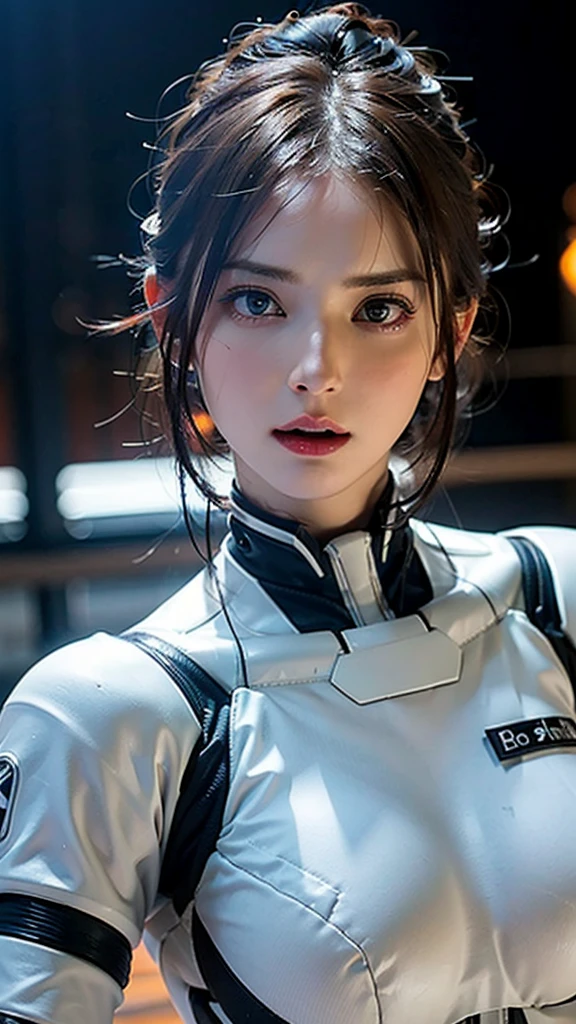 ((Beautiful:1.2)),masterpiece, Best Quality, ((Ultra-realistic:1.2)), Very detailed, 8k resolution, RAW Photos, Sharp focus, (One girl), Alone, Gorgeous face, Perfect body, Mature Woman, Age 25,  Portrait Mecha, White Armor,(( Nanosuit:1.4)), sexy, Disheveled Hair, Cinematic, Cinematic light, 