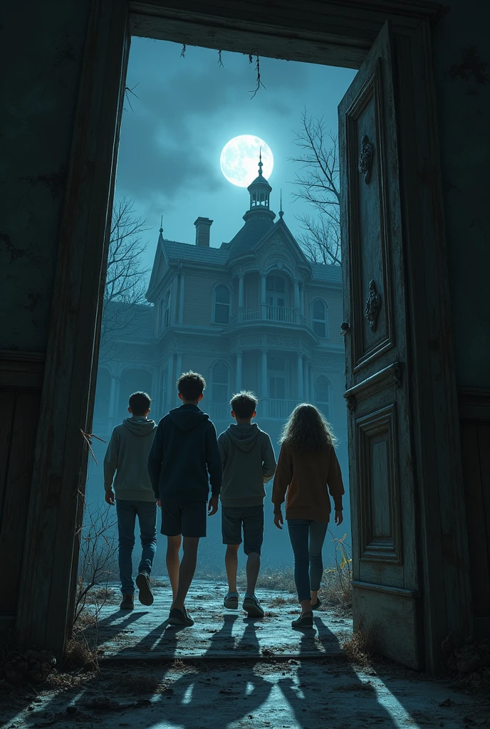 Make 3 boys stand in front of a very old abandoned house in a very dark forest