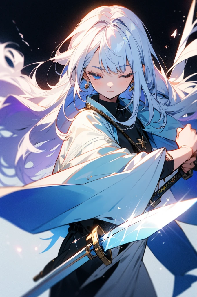 Hair color is white, Straight hair, hair bundle, One eye closed, He holds a white sword in one hand., It feels like something is walking towards me from a mysterious space., pretty face, A scene where a sword is wielded