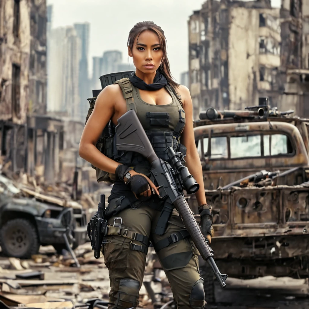 Busty sexy Amazonian African American brunette woman with a low ponytail dressed in tactical equipment,standing on a destroyed pickup in a post apocalyptic city with a scoped bolt action hunting rifle in her hands.