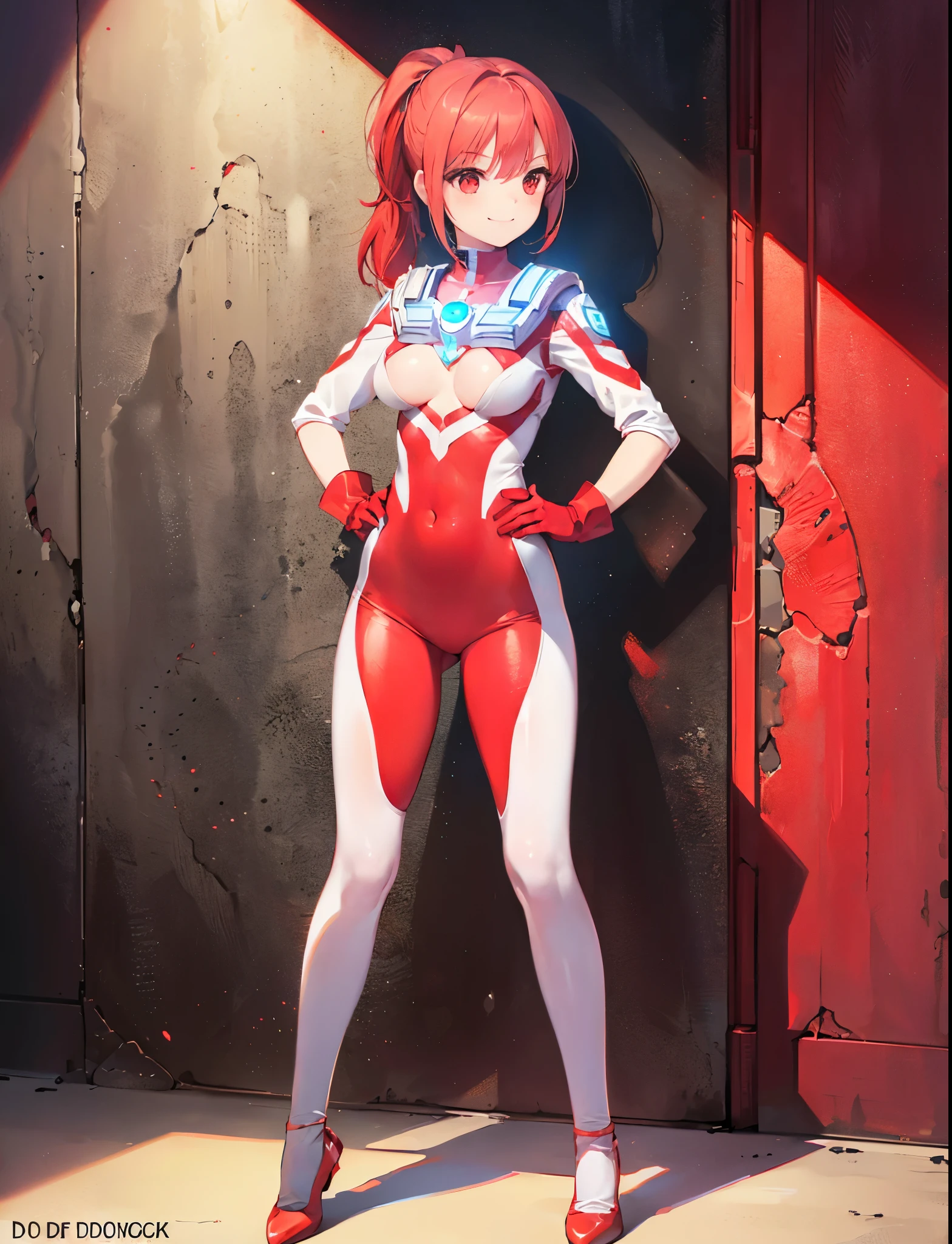 (Close-up:1.3),Realistic,Highest quality, Ultra Detail, High-quality CG rendering, The most delicate and beautiful, Floating softly, High resolution, (1 female), (Highest quality,4K,8k,masterpiece:1.2),(All red hair:1.5), (ponytail:1.5),(Red eyes:1.5), (Ultra Girl:1.0), (All red Ultraman bodysuit:1.5),(Do not expose your skin:1.5),(Slightly larger breasts:1.5),(Red gloves:1.3),(Red Shoes:1.3),(whole body:1.3),(smile:1.3),Small room,(Are standing:1.4),(Place your hands on your hips:1.3),(Clenched Fist:1.3),(front:1.3)