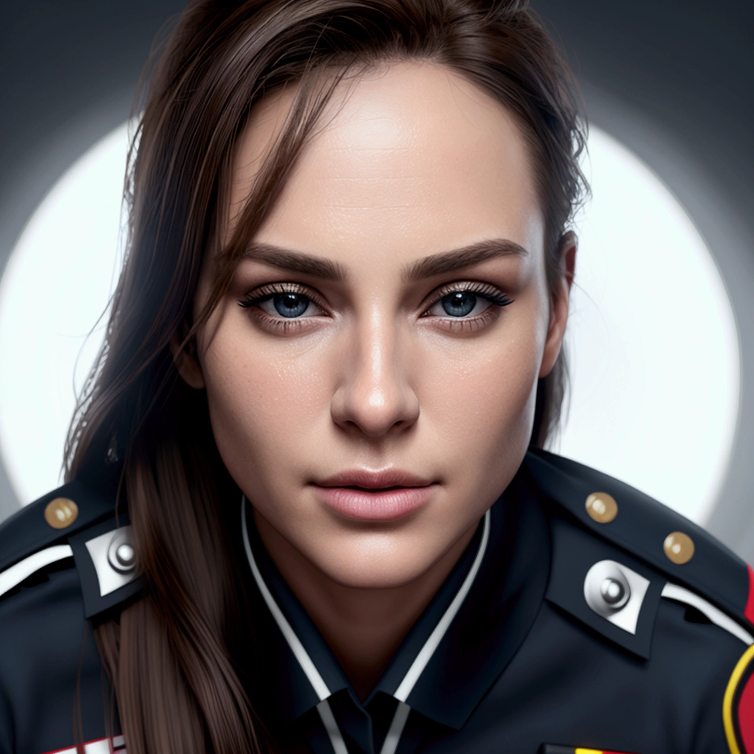 a beautiful police officer,1girl,detailed face,beautiful detailed eyes,beautiful detailed lips,extremely detailed eyes and face,long eyelashes,police uniform,tight bodysuit,police cap,police badge,police insignia,reflective badges,detailed texture,realistic,photorealistic,photo-realistic:1.37,best quality,4k,8k,highres,masterpiece:1.2,ultra-detailed,cinematic lighting,dramatic lighting,warm color tones,vibrant colors,intricate details,highly detailed,hyper realistic,seamless,3d render,studio lighting,sharp focus,physically-based rendering,extreme detail description,professional,vivid colors,bokeh