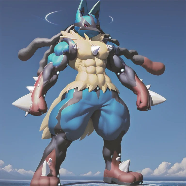 
(masterpiece. official art. 8k. best quality. detailed full body. full body.)

(situation 1 : dominating Mega_Lucario. Mega_Lucario is over 1000 meters long. focus GIANT mechanical Muscular Mega_Lucario is trampling the city. Looking down. macro. stomp. Low-angle perspective. emphasizing the immense size. stomping. stomp.)

(situation 2 :smoke and flames rising from the destruction in the city)

(Additional details 1: wearing a full-face helmet. golden armor. high-tech bio-mecha armor. real texture material. whole body shines like metal. emphasizes the Very muscles. suit fully made of metal. Robotic suit. suit fully made of metal. cyborg.)
(The_Phoenix_Wolf. master_cheif, halo_helmet ,master_cheif_helmet, armor,).

(Additional details 2: Detailed head. Detailed Body. Detailed abs. gigantic muscles. HYPER MUSCLES. Gigachad Muscular. big muscle. pecs. triceps. traps. unusually developed muscular body. body full of huge muscles. showing off muscles. pectorales enormes. Exaggeratedly huge muscles. huge muscles. long legs.).
(Additional details 4: black hyper penis. hyper black penis. big penis.) 
(Megacario, pokemon) 
(An arrogant expression. smile at the corner of your mouth.)
No nipples. (pokemon, black stripes, yellow skin, blue fur.)