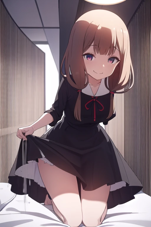 (((Iino Miko:1.1))), brawn eyes, brawn hair,miko's hair styles, low twin tail,unbuttoned black dress,sailors,on the bed,(skirt lift),(seductive smile:1.3),(masterpiece:1.2),orgasm,8k, (beautiful detailed eyes:1.3),extremely detailed CG,open mouth, embarrassed,(extremely vulgarity:1.2),open leg, (heavy breathing),steam,(brush), empty eyes,(Confounded smile)