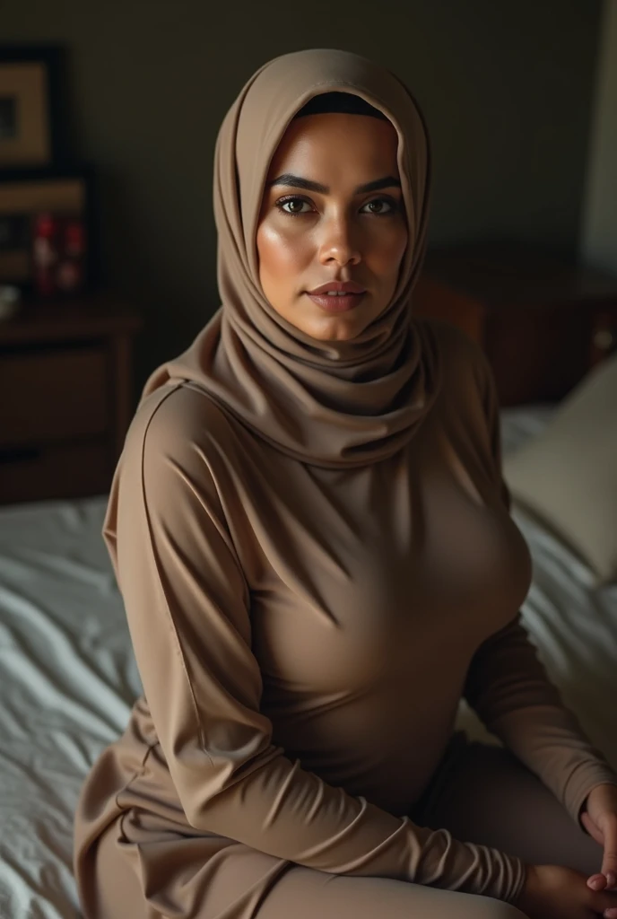a beautiful women, slim, 32 year old Indonesian hijab woman wearing a robe with the buttons open showing her bra with a sad expression on her face is having sex in a women on top style with a 14 year old boy on a simple mattress in a room with wooden walls.