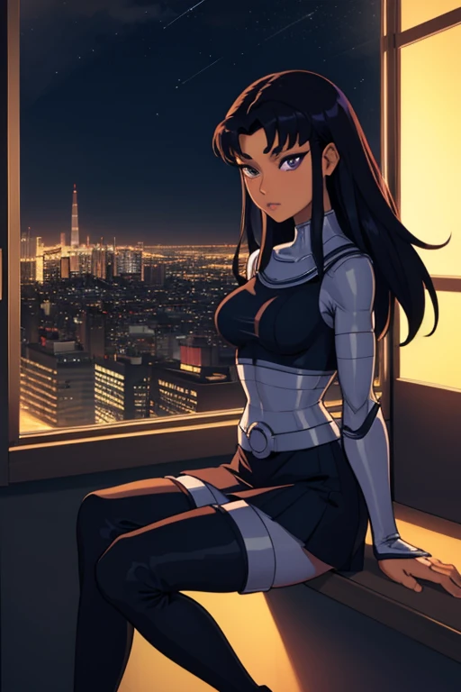 (masterpiece, best quality:1.2), blackfire, 1girl, solo, breasts, pants, bodysuit, skirt, thigh boots, long sleeves, dark skin, indoors, tower, window, city, night sky, city lights, cityscape, skyline,