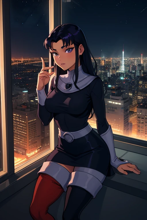 (masterpiece, best quality:1.2), blackfire, 1girl, solo, breasts, pants, bodysuit, skirt, thigh boots, long sleeves, dark skin, indoors, tower, window, city, night sky, city lights, cityscape, skyline,