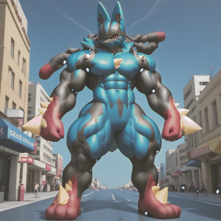 (masterpiece. official art. 8k. best quality. detailed full body. full body.)

(situation 1 : dominating mega lucario. focus GIANT mechanical Muscular mega lucario is trampling the CITY. macro. stomp. Low-angle perspective. emphasizing the immense size. The perspective is from below, emphasizing the sheer majesty and power of the Giant. giant art. He is much bigger than a skyscraper. Giga Giants. micro soccer field. looking down.)

(situation 2 :smoke and flames rising from the destruction in the city)

(Additional details 2: (Detailed head. Detailed Body. Detailed abs. gigantic muscles. HYPER MUSCLES. Gigachad Muscular. big muscle. pecs. triceps. traps. unusually developed muscular body. body full of huge muscles. showing off muscles. pectorales enormes. Exaggeratedly huge muscles. huge muscles. long legs.).

