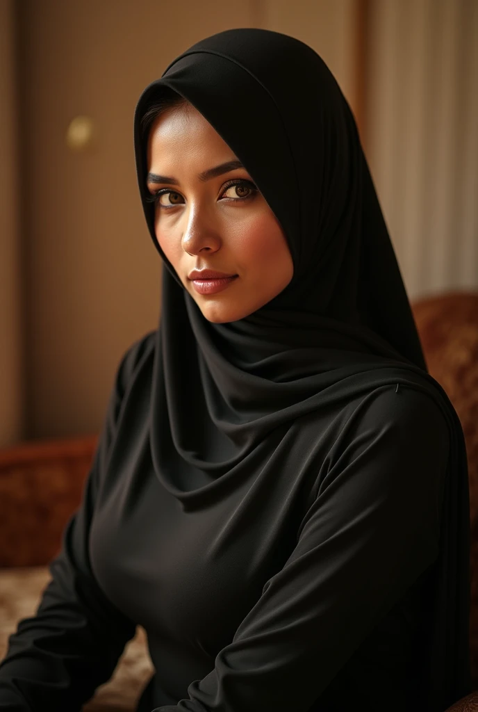 A shy but very beautiful Arab girl aged between 20-25 is sitting on a sofa in her dining room, thinking about what to eat. She is covered in an Abaya, which subtly reveals her curves. She has fair skin, very beautiful and wide eyes, bow-shaped eyebrows, and beautifully shaped lips. She is holding a fork in her left hand. The setting is cozy and intimate, highlighting her contemplative mood.