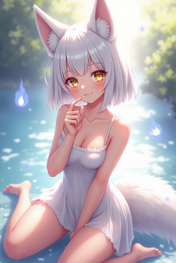 Masterpiece, Top Quality Anime Illustration, Super Detail, Single Girl, Solo, Beautiful Girl with Silver Hair, Anime Loli, Cat Ear Loli, Pale Pink See-Through Yukata, Short Yukata, Sleeveless, Smile, Bare Skin Side Breast, Thigh Focus, Butt Focus, Onsen