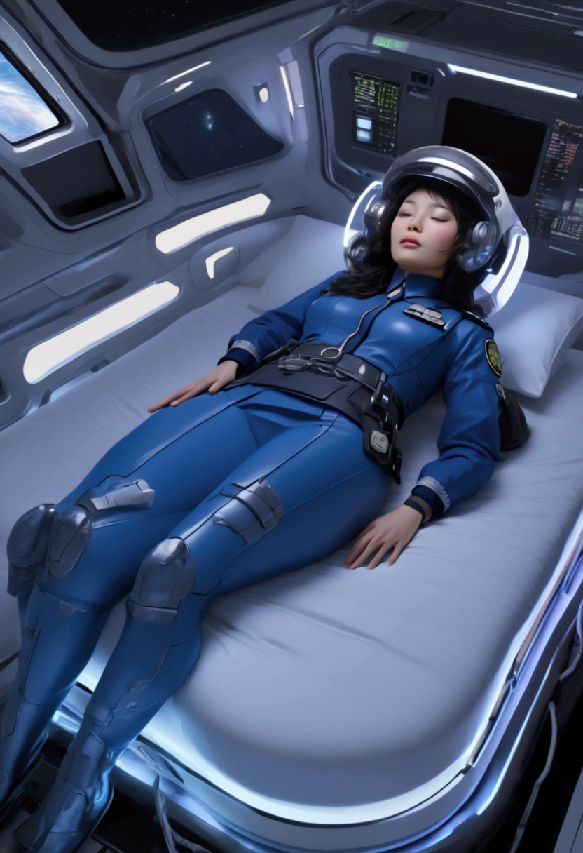 (((( Japanese Woman wearing 2005 Police Officer )))), with flowing hair on a realistic futuristic space station)), ((sleeping in coffin shaped futuristic cryopod)), ((cushioned bed with display and glowing control surfaces)), ((scifi circlet on head)), weightless & floating, (photorealistic), , , (with medical sensor harness and connected full body
