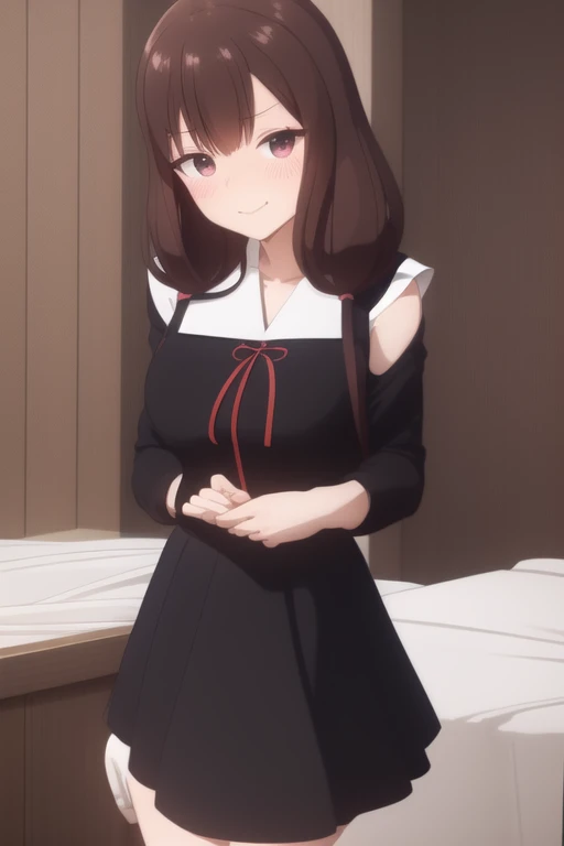 (((Iino Miko:1.1))), brawn eyes, brawn hair,sailor,red ribbon,miko's hair styles, low twin tail,unbuttoned black dress,on the bed,(skirt lift:1.2),(seductive smile:1.3),(masterpiece:1.2),orgasm,8k, (beautiful detailed eyes:1.3),extremely detailed CG,open mouth, (embarrassed:1.3),(extremely vulgarity:1.2),open leg, (heavy breathing),steam,(blush:1.3), empty eyes,(confusion face)