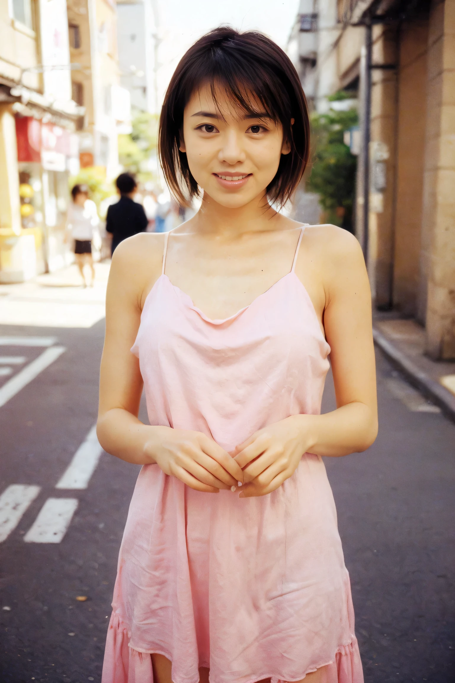 Very detailed CG Unity 8k wallpaper, Best Quality, Very detailed, masterpiece, Realistic, photo Realistic, Very detailedかわいい女の子,short hair,(sexy play dress:1.2), Red cheeks, View your audience , upper body ,smile, (On a street corner in Tokyo) ,Standing in honor