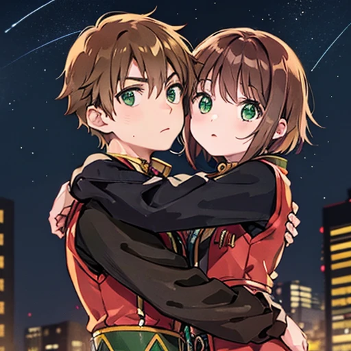 A girl with green eyes, short brown hair , red blouse with long sleeves, googles her hair, affectionately hugging a boy with short black hair, ojos marrones, lentes, red jacket with a night city behind them and shooting stars in the sky, sice difference 