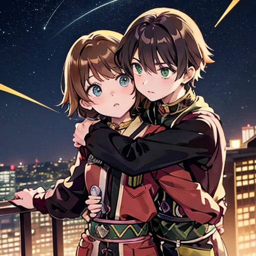 A girl with green eyes, short brown hair , red blouse with long sleeves, googles her hair, affectionately hugging a boy with short black hair, ojos marrones, lentes, red jacket with a night city behind them and shooting stars in the sky, sice difference 