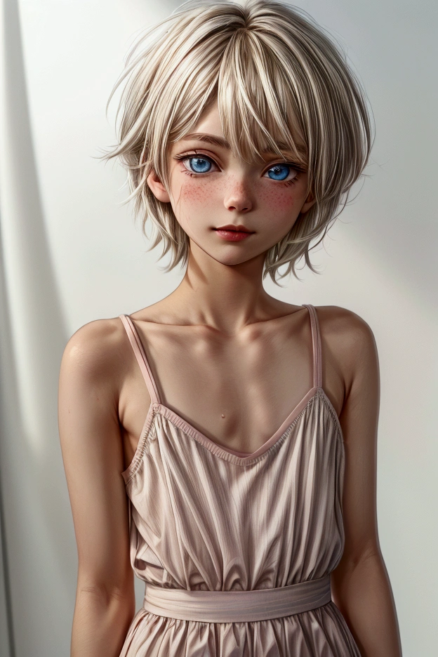 Anime style, Highres, Masterpiece, Best quality at best, Best Quality, hight quality, hight detailed, 1boy, (little boy), blonde boy, boy face, boy body, cute boy, femboy, detailed light blue eyes, short hair, messy hair, bangs, pastel rainbow inner hair color mesh, shy smile, boy flirty posing, wears a light pink cami dress, boy chest, bare shoulders, bare sleeves, bare arms, blue and white striped panties, boy body, Standing, sunny afternoon at park, highest quality,