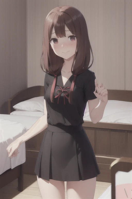 (((Iino Miko:1.1))), brawn eyes, brawn hair,sailor,red ribbon,miko's hair styles, low twin tail,unbuttoned black dress,on the bed,(skirt lift:1.2),(seductive smile:1.3),(masterpiece:1.2),orgasm,8k, (beautiful detailed eyes:1.3),extremely detailed CG,open mouth, (embarrassed:1.3),(extremely vulgarity:1.2),open leg, (heavy breathing),steam,(blush:1.3), empty eyes,(confusion face)