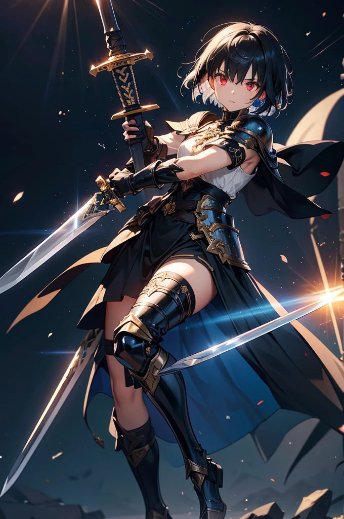 Black background with spotlight, １people（Black Hair,1 Boy, Fantasy, knight,Paladin,Gorgeous detailed armor dress, Gauntlet, Capelet, Shin guards,breastplate, cuff, Full Armor, jewelry, on the other hand, Sunrise posture, (With sword:1.3), Carrying a weapon, Divine Aura,Holy long shining sword,Particles of light, Dark red eyes, Translucent hair, bangs, Short Hair, Shaggy Hair）