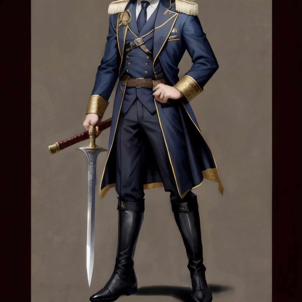 An assassin with a bright background, he wears an old Phrygian cap and a long navy blue tuxedo in the style of French military uniforms and decorated with gold or silver buttons. There is a tie or frilly shirt underneath the jacket. He wears high-waisted, slim-fitting, dark-colored breeches. Wears long black boots. Holds a Glaive in his hand and a Knightly sword tied around his waist on his right side, along with a medieval shawl. Full body view.
