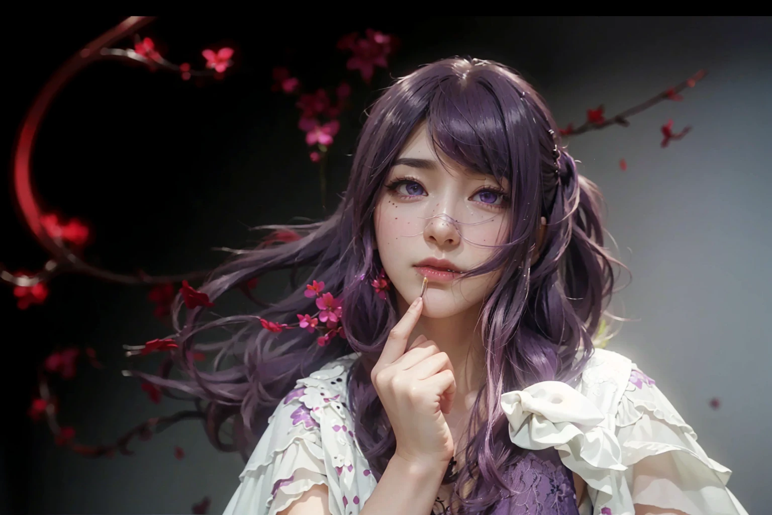 (RIZE KAMISHIRO_TOKYO GHOUL),((realistic, photorealistic)),(highlight hair)), Light reflection, (( HD )),((upper body)), (((best quality, masterpiece))), (masterpiece) (best quality) (detail) (8k) (HDR) (wallpaper) (cinematic lighting) (sharp focuasterpiece, best quality: 1.1), Real life adaption of this character, Asian  beauty face, Shining Purple eyes, realistic outfit, realistic shadow, realistic light, realism, hyper realistic, realistic background,(photorealistic:1.2), ultra realistic 8k cg, masterpiece, ((ultra detailed background, delicate pattern, intricate detail, highly detailed, fine details best quality, hyperdetailed face)), (photorealistic:1.4),tg_rize,1girl,solo,(detailed eyes and face:1.2),(purple eyes:1.1),Black background blood spots, blood splash, glow effect,Purple loose hair floating, blood in the hair 