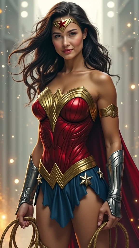 GORGEOUS WONDER WOMAN (DC COMICS), ELEGANT ATHLETIC BODY, 2 FEET TALL WOMAN, RED BLUE COSTUME, GOLD DETAILS, EXPOSED GORGEOUS THIGHS, FLAT RED BOOTS, GOLD GAUNTLETS, HUGE BRAIDED LONG BLACK HAIR, EXPRESSIVE BLUE EYES, HIGH CHEEKBONE, ROSY CHEEKS, STRAPLESS BODYSUIT, FULL BODY PERSPECTIVE, WAR CENARY, MASTERPIECE