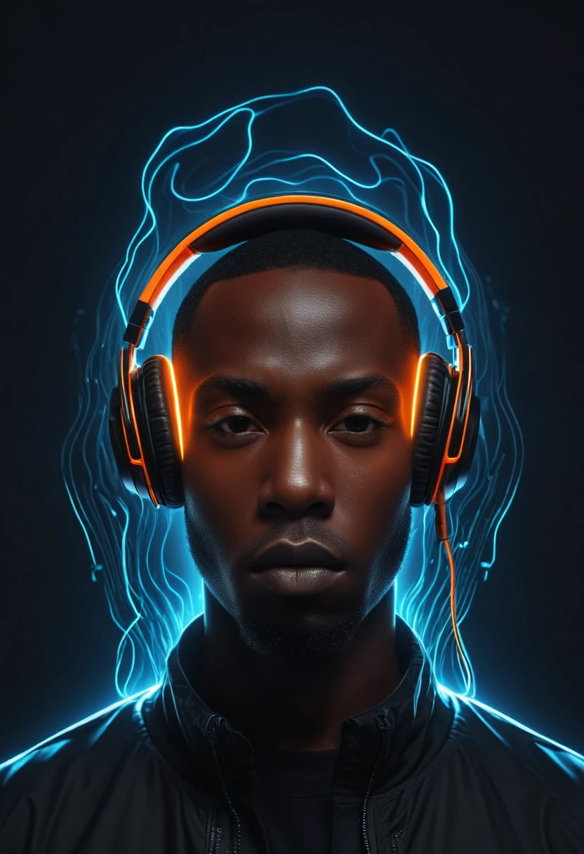 shawt a black man in a Futuristic audio visualization, glowing orange headphones, abstract human silhouette, dark background, neon sound waves, digital art, cyberpunk aesthetic, 3D render, high contrast, symmetrical composition, sleek design, immersive audio experience, vibrant energy lines, pulsating rhythm, sci-fi mood, hyper-realistic detail, volumetric lighting, cinematic atmosphere, electronic music concept
