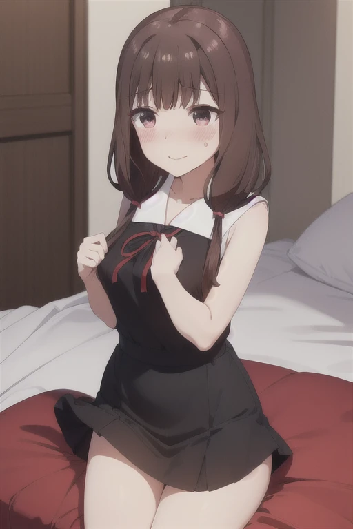 (((Iino Miko:1.1))), brawn eyes, brawn hair,sailor,red ribbon,miko's hair styles, low twin tail,unbuttoned black dress,on the bed,(skirt lift:1.2),(seductive smile:1.3),(masterpiece:1.2),orgasm,8k, (beautiful detailed eyes:1.3),extremely detailed CG,open mouth, (embarrassed:1.3),(extremely vulgarity:1.4),open leg, (heavy breathing),steam,(blush:1.3), empty eyes,(confusion face)