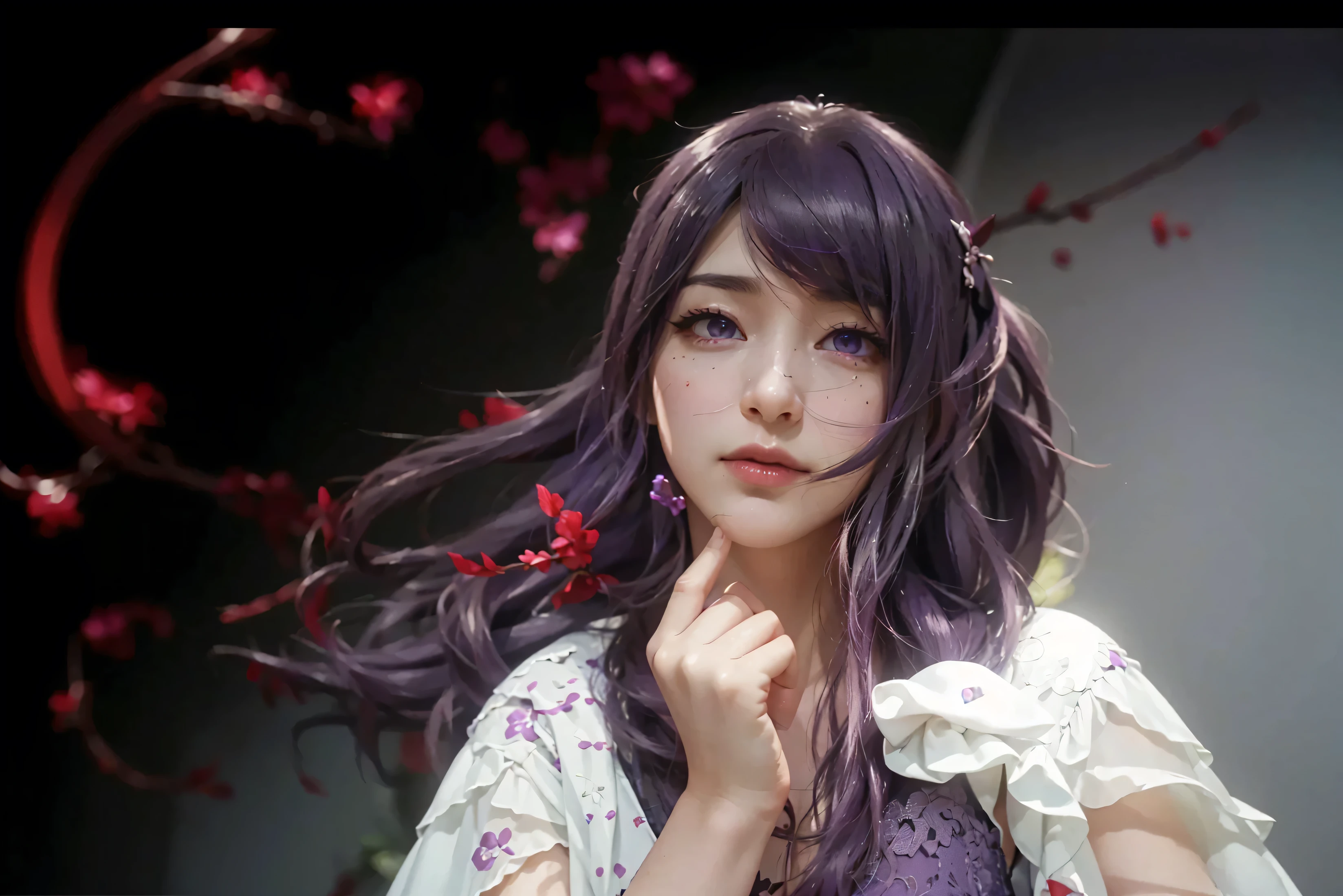 (RIZE KAMISHIRO_TOKYO GHOUL),((realistic, photorealistic)),(highlight hair)), Light reflection, (( HD )),((upper body)), (((best quality, masterpiece))), (masterpiece) (best quality) (detail) (8k) (HDR) (wallpaper) (cinematic lighting) (sharp focuasterpiece, best quality: 1.1), Real life adaption of this character, Asian teen beauty face, Shining Purple eyes, realistic outfit, realistic shadow, realistic light, realism, hyper realistic, realistic background,(photorealistic:1.2), ultra realistic 8k cg, masterpiece, ((ultra detailed background, delicate pattern, intricate detail, highly detailed, fine details best quality, hyperdetailed face)), (photorealistic:1.4),tg_rize,1girl,solo,(detailed eyes and face:1.2),(purple eyes:1.1),Black background blood spots, blood splash, glow effect,Purple loose hair floating, blood in the hair 